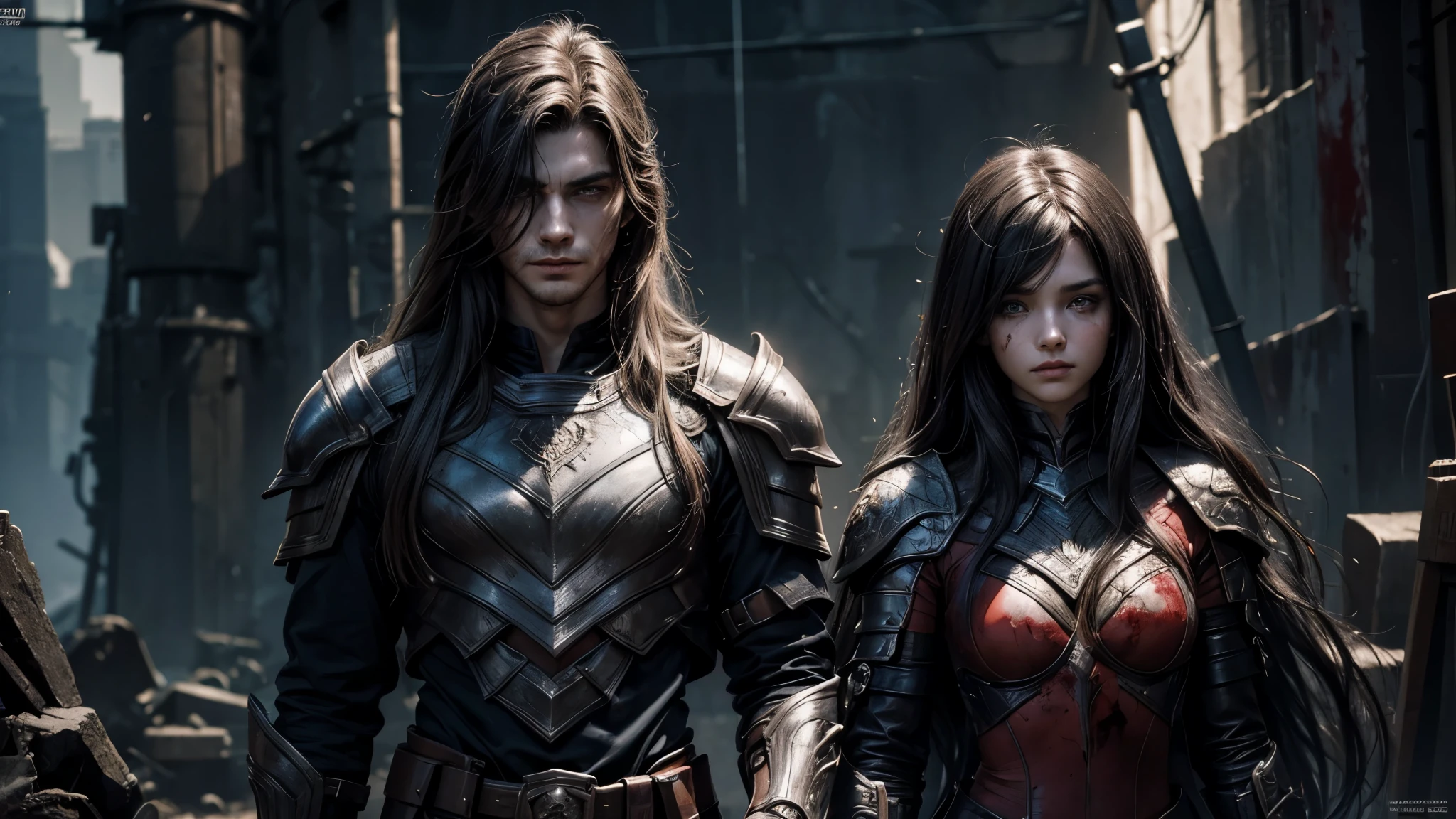 boy and girl twins,long hair,sadic face,dark hands,cracked arm skin,armor set,comics style,blood,detailed,handmade,art nouveaur