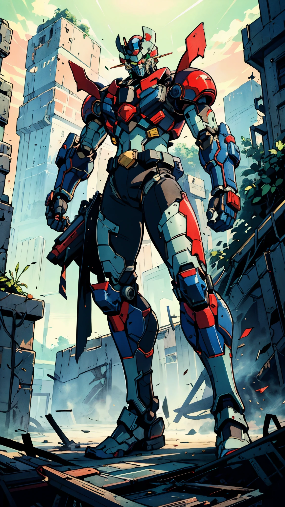 A man wearing a full-face helmet, a fantasy-style biotech armored combat suit, green eyes, (a composite layered chest armor), fully enclosed shoulder guards, matching arm and leg guards, the belt is adorned with Z mark, (the color scheme is primarily white with red and blue accents), the design balances heavy with agility, a high-tech bio-mecha armor, (Armor Concept Inspired by Mazinger Z, stand on the top of a skyscraper in a futuristic sci-fi city), this character embodies a finely crafted fantasy-surreal style armored hero in anime style, exquisite and mature manga art style, (battle damage, element, plasma, energy, the armor glows), ((male:1.5)), metallic, real texture material, dramatic, high definition, best quality, highres, ultra-detailed, ultra-fine painting, extremely delicate, professional, perfect body proportions, golden ratio, anatomically correct, symmetrical face, extremely detailed eyes and face, high quality eyes, creativity, RAW photo, UHD, 32k, Natural light, cinematic lighting, masterpiece-anatomy-perfect, masterpiece:1.5