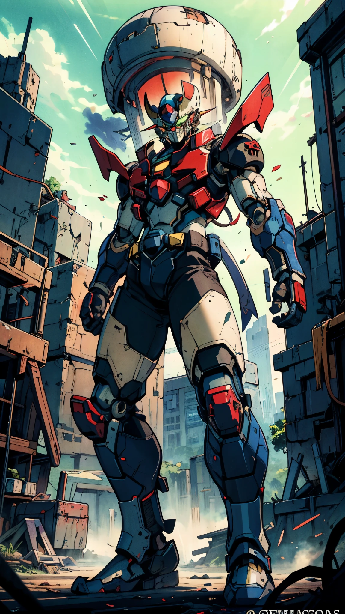 A man wearing a full-face helmet, a fantasy-style biotech armored combat suit, green eyes, (a composite layered chest armor), fully enclosed shoulder guards, matching arm and leg guards, the belt is adorned with Z mark, (the color scheme is primarily white with red and blue accents), the design balances heavy with agility, a high-tech bio-mecha armor, (Armor Concept Inspired by Mazinger Z, stand on the top of a skyscraper in a futuristic sci-fi city), this character embodies a finely crafted fantasy-surreal style armored hero in anime style, exquisite and mature manga art style, (battle damage, element, plasma, energy, the armor glows), ((male:1.5)), metallic, real texture material, dramatic, high definition, best quality, highres, ultra-detailed, ultra-fine painting, extremely delicate, professional, perfect body proportions, golden ratio, anatomically correct, symmetrical face, extremely detailed eyes and face, high quality eyes, creativity, RAW photo, UHD, 32k, Natural light, cinematic lighting, masterpiece-anatomy-perfect, masterpiece:1.5