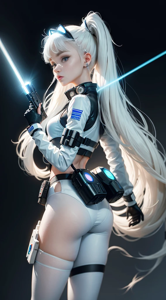  Ponytail Full Body Internet. ariana grande face. The bright white color indicates that she is a girl holding a white laser rifle. White eyebrows. Cat-like clothes. She also has a pair of bright blue eyes. The environment is similar to a terminator. The hair is platinum blonde;. One side of his face is illuminated by bright blue。. Like LEDs.  And the hands also have LED lights.