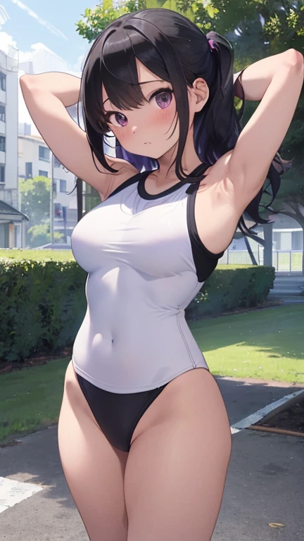 masterpiece、highest quality、Very detailed、Photograph the upper body、1 female、(Arms behind your back:1.4)、Are standing、Turn your body forward、View your viewers、(white gymwear,break,black buruma:1.4)、blush、shy、Purple Hair、Open your mouth、outdoor sports field、Big Breasts、