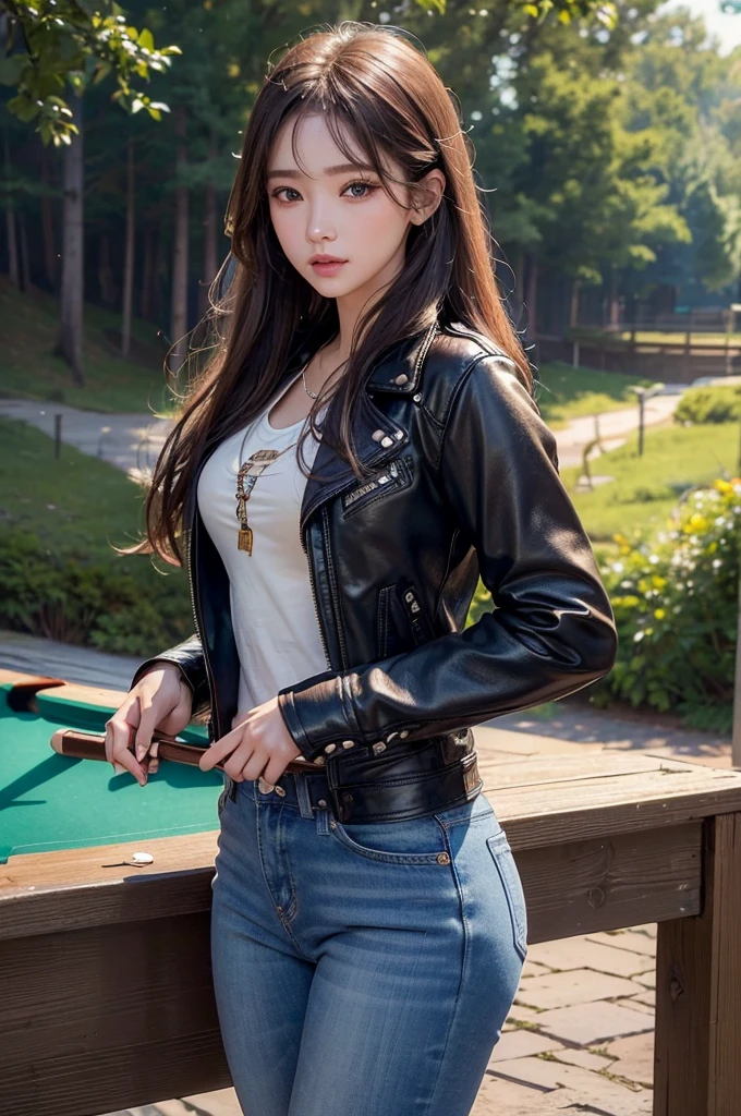 1 girl, Beautiful girl playing billiard, Exquisite eyes,Beautiful and delicate lips,Very detailed 눈과 얼굴,Long eyelashes, hippie hair, Stunning scenery,(best quality,4K,8K,high resolution,masterpiece:1.2),Very detailed,(Practical,Practical,Practical:1.37), Dynamic poses, Wearing a leather jacket and jeans,