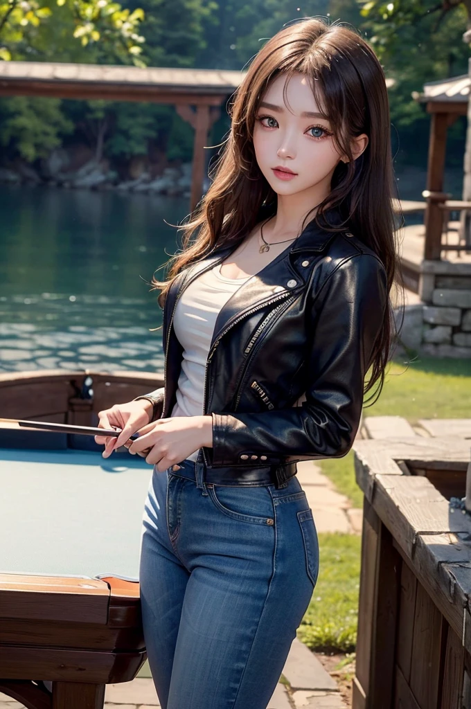 1 girl, Beautiful girl playing billiard, Exquisite eyes,Beautiful and delicate lips,Very detailed 눈과 얼굴,Long eyelashes, hippie hair, Stunning scenery,(best quality,4K,8K,high resolution,masterpiece:1.2),Very detailed,(Practical,Practical,Practical:1.37), Dynamic poses, Wearing a leather jacket and jeans,