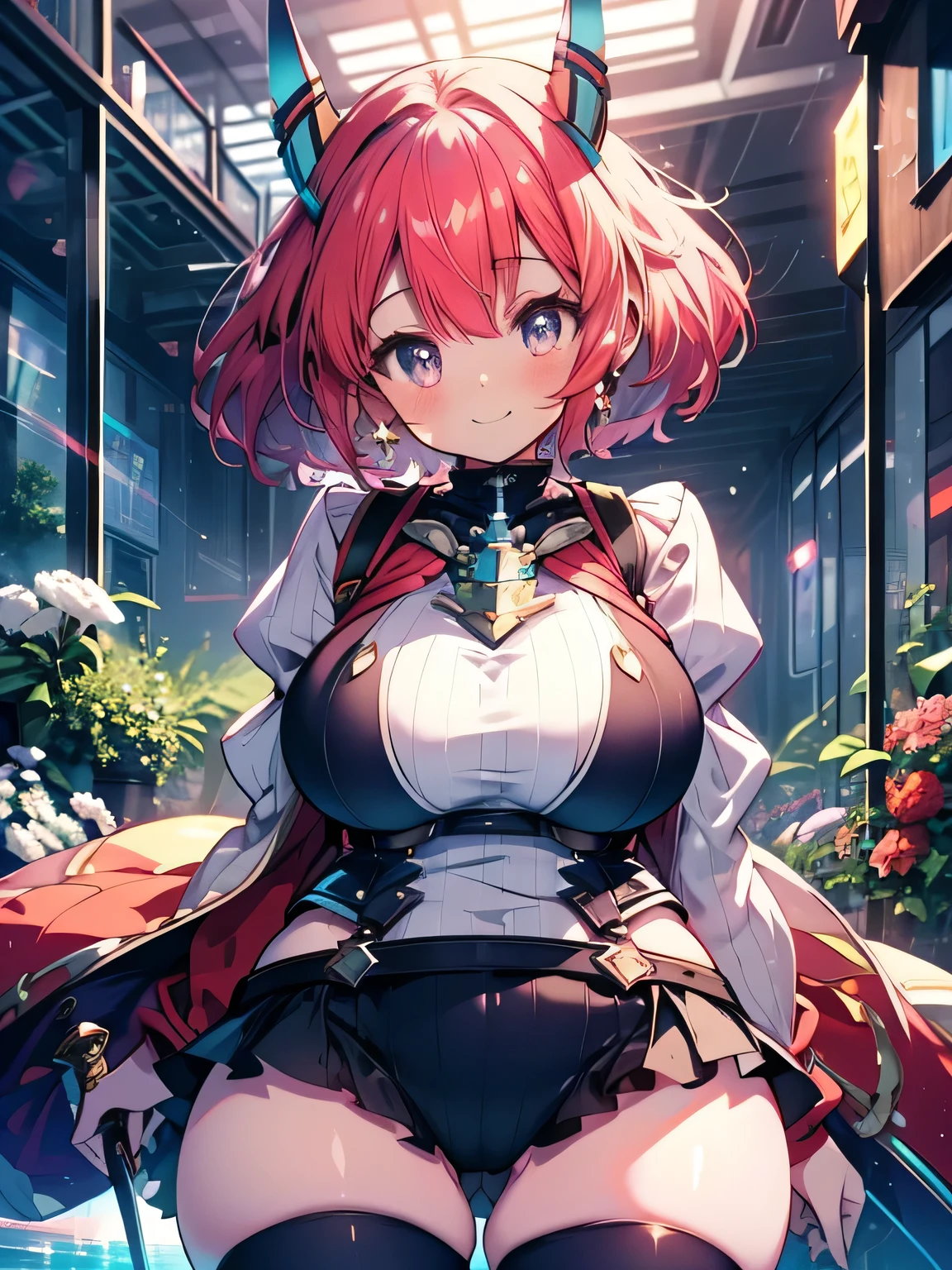 Anime illustration、highest quality、Fantasy、Alice in Wonderland、plump female knight、Red Hair English Garden、Xenoblade Chronicles 2、Homura、Big Breasts、Thick legs、Beautiful, shining eyes、smile、Noise Reduction、Have a Buster Sword