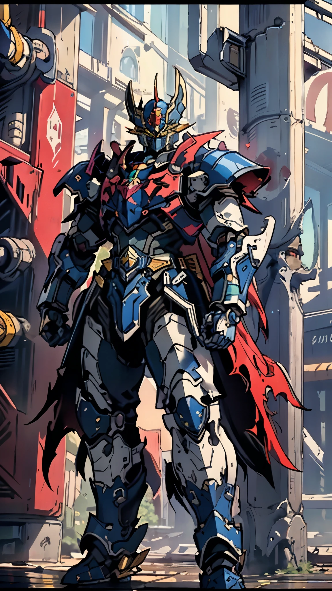 A man wearing a full-face helmet, a fantasy-style biotech armored combat suit, green eyes, (a composite layered chest armor), fully enclosed shoulder guards, matching arm and leg guards, the belt is adorned with Z mark, (the color scheme is primarily white with red and blue accents), the design balances heavy with agility, a high-tech bio-mecha armor, (Armor Concept Inspired by Mazinger Z, stand on the top of a skyscraper in a futuristic sci-fi city), this character embodies a finely crafted fantasy-surreal style armored hero in anime style, exquisite and mature manga art style, (battle damage, element, plasma, energy, the armor glows), ((male:1.5)), metallic, real texture material, dramatic, high definition, best quality, highres, ultra-detailed, ultra-fine painting, extremely delicate, professional, perfect body proportions, golden ratio, anatomically correct, symmetrical face, extremely detailed eyes and face, high quality eyes, creativity, RAW photo, UHD, 32k, Natural light, cinematic lighting, masterpiece-anatomy-perfect, masterpiece:1.5