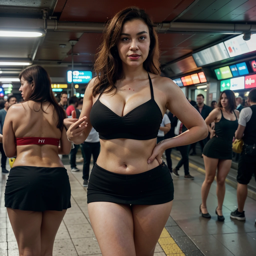 (busty,curvy)woman,(tube top,miniskirt),(bouncy,jiggly)dance,(blood, nosebleed)eruption and(pass out,faint)few(bystanders,onlookers). Subway(station,metro,underground).

(best quality,4k,highres,masterpiece:1.2),ultra-detailed,realistic:1.37,(vibrant colors,vivid hues),(dynamic lighting,spotlights,ambient lighting),(cityscape,urban background),portrait.

Please note that the prompt includes important tags first and then less important details. The prompt describes a scene involving a curvy woman wearing a tube top and a mini skirt. She is dancing in a bouncy and jiggly manner. As a result of her dance moves, a few bystanders experience a sudden blood eruption from their nose and they faint. The scene takes place in a subway station, which is depicted with great quality, ultra-detailed, and realistic. The colors are vibrant and the lighting is dynamic, with spotlights and ambient lighting. The background shows a cityscape or an urban environment. Overall, the prompt aims to generate a high-quality and detailed image with a realistic and dynamic atmosphere.