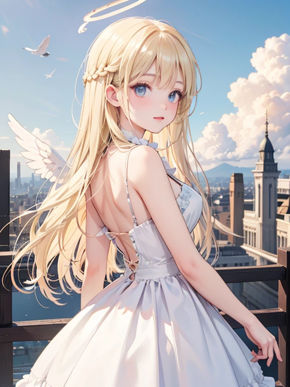 masterpiece, highest quality, Very detailed, 16k, Ultra-high resolution, Cowboy Shot, One 14-year-old girl, Detailed face, Perfect Fingers, Angel halo on head, Golden Eyes, Blonde, Long Hair, Thin and light clothing, Angel wings on the back, Above the Clouds, temple, flying