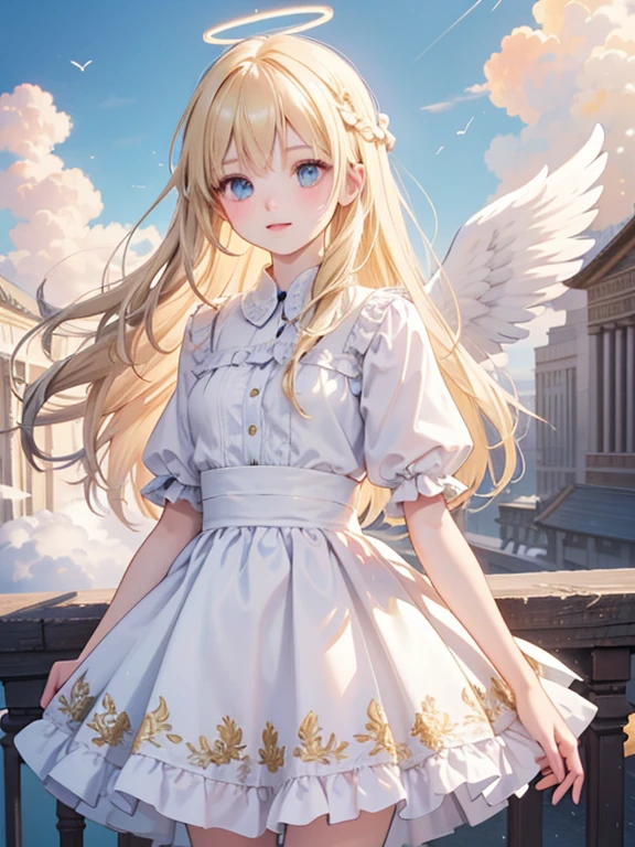 masterpiece, highest quality, Very detailed, 16k, Ultra-high resolution, Cowboy Shot, One 14-year-old girl, Detailed face, Perfect Fingers, Angel halo on head, Golden Eyes, Blonde, Long Hair, Thin and light clothing, Angel wings on the back, Above the Clouds, temple, flying