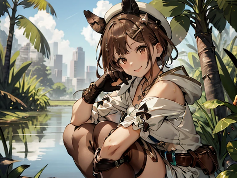 (Beautiful fine details:1.6), Highly detailed face, Highly detailed CG, (Perfect hands, Perfect Anatomy),
((highest quality)), ((masterpiece)),High resolution,Sharp focus,(Highly detailed CG Unity 8k wallpaper),
(((Vibrant colors))), Perfect Face,Seductive eyes,Liza Lynn Stout, Raisalin Stout,
Big Ass,Big Breasts,glamorous_expensive_Tight waist_Long legs,curve,Thighs,curvy,smile,Open your mouth, drunken eyes,
very shiny 肌,Shiny body,plastic glitter 肌,exaggerated shiny 肌,illuminated skin,wearing side-tie bikini,
cute,Lewd,erotic,Bold,Camel Toe,short hair,
Brown Hair,Knee socks,gloves, brown gloves, 片手gloves,レザー gloves,
White Hat, Star Necklace,hair ornaments, (Brown eyes:1.5), Hair Clip, upper body,
したたるwater滴, wet skin,waterに囲まれた, reflection,Breathtakingly beautiful clouds,Light,Dazzling Light,Cinematic Light.Plants are overgrown,Dense forest leaves,(water, water遊び),Dense forest,Coconut Tree, squat,Get on one knee,Spread your legs a little,
