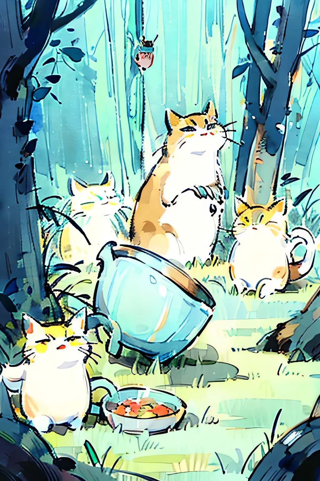 holding, forest, food, cup, no humans, animal, multiple cats, mug, animal focus,