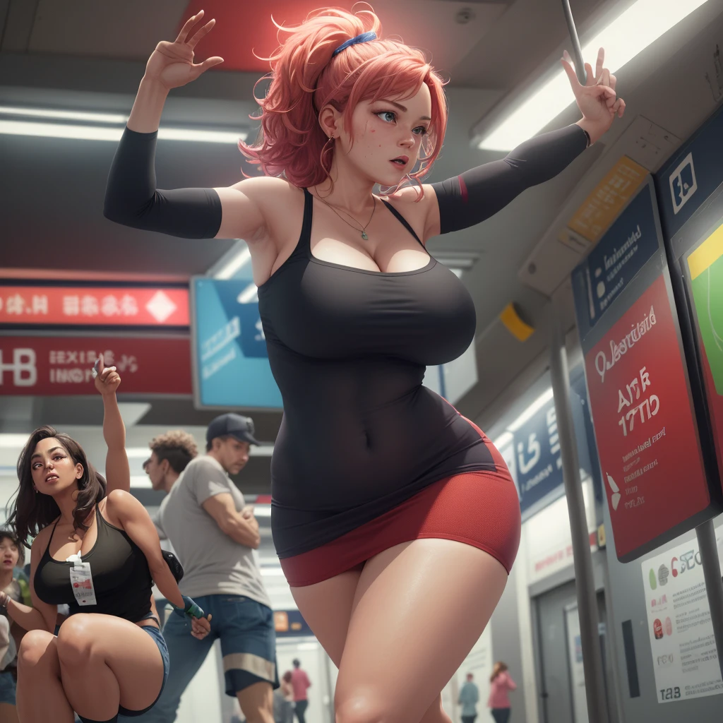 (busty,curvy)woman,(tube top,miniskirt),(bouncy,jiggly)dance,(blood, nosebleed)eruption and(pass out,faint)few(bystanders,onlookers). Subway(station,metro,underground). (best quality,4k,highres,masterpiece:1.2),ultra-detailed,realistic:1.37,(vibrant colors,vivid hues),(dynamic lighting,spotlights,ambient lighting),(cityscape,urban background),portrait. Please note that the prompt includes important tags first and then less important details. The prompt describes a scene involving a curvy woman wearing a tube top and a mini skirt. She is dancing in a bouncy and jiggly manner. As a result of her dance moves, a few bystanders experience a sudden blood eruption from their nose and they faint. The scene takes place in a subway station, which is depicted with great quality, ultra-detailed, and realistic. The colors are vibrant and the lighting is dynamic, with spotlights and ambient lighting. The background shows a cityscape or an urban environment. Overall, the prompt aims to generate a high-quality and detailed image with a realistic and dynamic atmosphere.