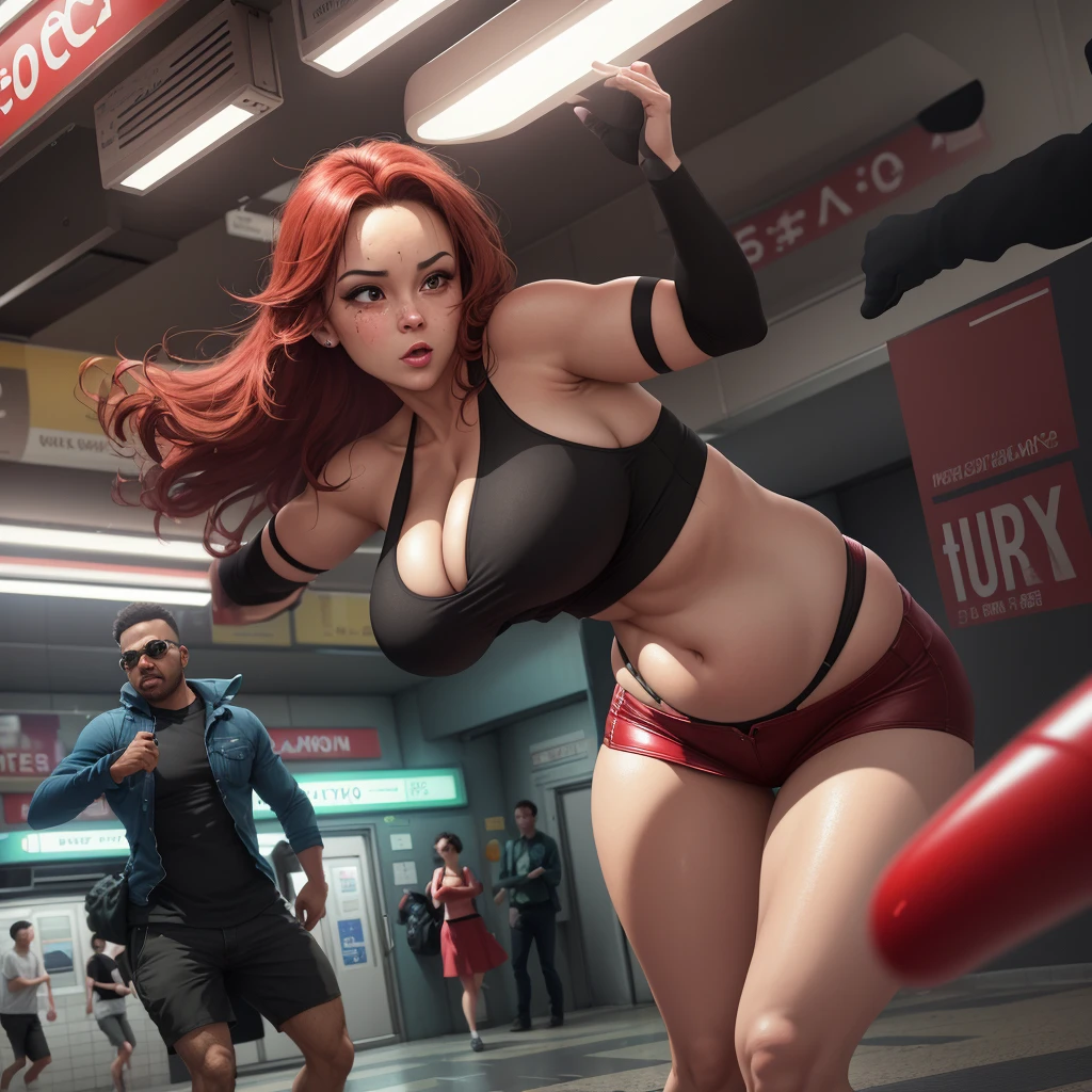 (busty,curvy)woman,(tube top,miniskirt),(bouncy,jiggly)dance,(blood, nosebleed)eruption and(pass out,faint)few(bystanders,onlookers). Subway(station,metro,underground). (best quality,4k,highres,masterpiece:1.2),ultra-detailed,realistic:1.37,(vibrant colors,vivid hues),(dynamic lighting,spotlights,ambient lighting),(cityscape,urban background),portrait. Please note that the prompt includes important tags first and then less important details. The prompt describes a scene involving a curvy woman wearing a tube top and a mini skirt. She is dancing in a bouncy and jiggly manner. As a result of her dance moves, a few bystanders experience a sudden blood eruption from their nose and they faint. The scene takes place in a subway station, which is depicted with great quality, ultra-detailed, and realistic. The colors are vibrant and the lighting is dynamic, with spotlights and ambient lighting. The background shows a cityscape or an urban environment. Overall, the prompt aims to generate a high-quality and detailed image with a realistic and dynamic atmosphere.