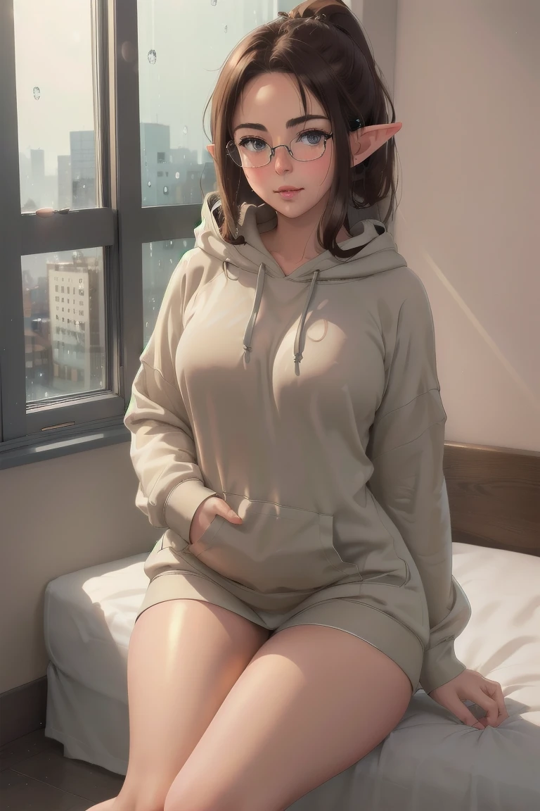 (elf girl), master piece, blushing, freckles, wide hips, slim waist, thick thighs, masterpiece, best quality, sfw, mature 36 year old woman, brown hair, moist face, wavy hair, mouth open, shiny. lips, beutiful round eyes, oversized hoodie, (thick thighs), thick hoodie, inside city apartment, raining outside, rainy day, navy rain, inside, standing nest to bed next to window, nightime, raindrops on window, dark out, mood light, soft lap light, cozy mood, Lofi astetic, the scene emulates an immense feeling of comfort and safety, modern cityscapes, skyscraper nightlights visable through window, midnight, completely dark out, orange lighting, orange moodnlight, Beautiful eyes, the most beautiful eyes youve ever seen, shiny thighs, hands in lap, pointy ears, dark room, extremely dark bedroom, oversized hoodie, Extremely oversized hoodie, bare legs, ponytail,feet on bed, knees close to face, knees up, hugging knees, (thick framed clear glasses:1.4), frosted windows