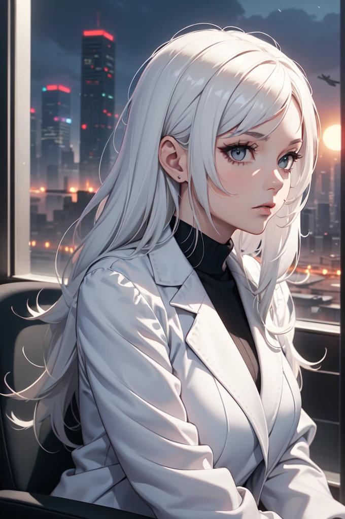(masterpiece:1.3), (8k, Reality, original photo, best quality: 1.4), (1 Girl), fair face, (Realistic face), Beautiful hairstyle,Realistic eyes,Good eye detail,(Realistic skin),fair肌膚,ridiculous,attractive,Ultra-high resolution,Surrealism,RAW extremely detailed,golden ratio, Woman in business attire, White Formal Blazer, White shirt, White high waist business skirt, fair, masterpiece, best quality, Perfect lighting, (white hair:1.4), Long hair, (Gray eyes:1.2), fit, Thin, Medium breasts, Business Woman, ceo of small arms and aerospace centered mega corporation, Sitting on a luxurious black office chair, giant modern window with view of dusk Cyberpunk city skyline in background, torso shot, dusk, (Cyberpunk city background:1.3), (Gloomy sky:1.2), (Dark red sun:1.3), eyelash, Dark eyeliner, Cyberpunk, older, Stylish modern futuristic office, (White clothes:1.2), (aerospace:1.1)