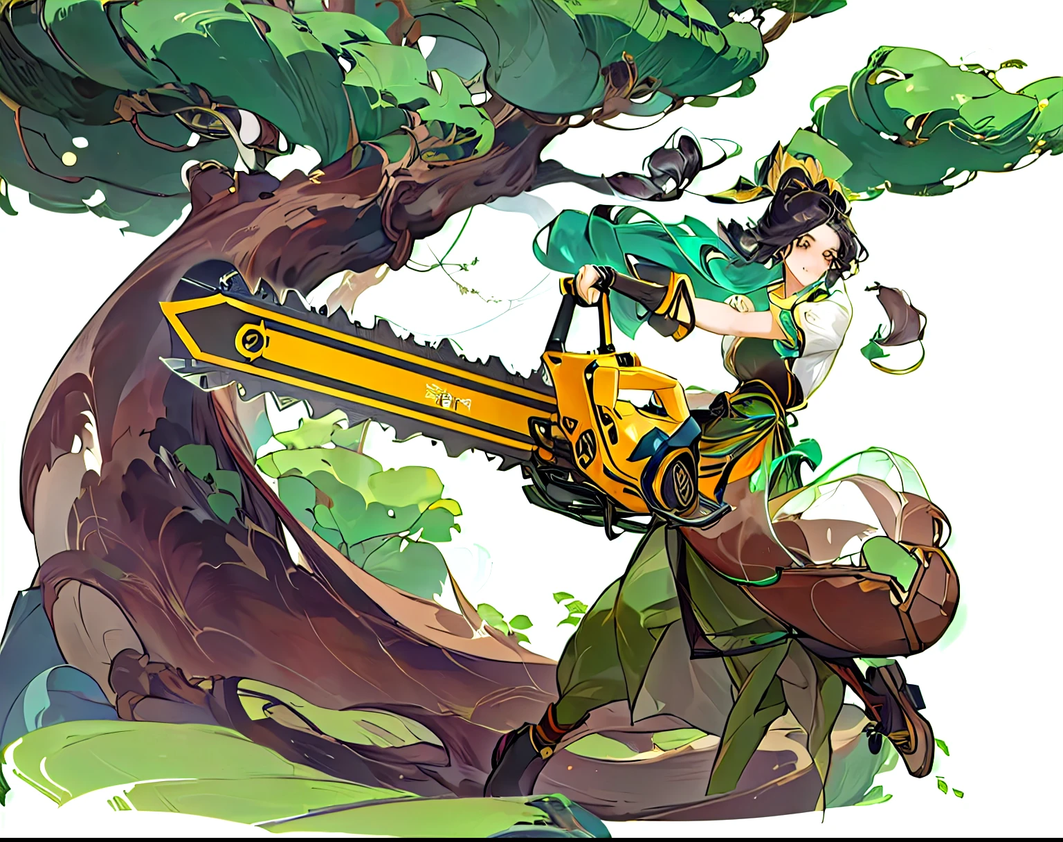 anime girl with a Electric saw in her hand and a backpack, Kushat Krenz Key Art Male, Kushat Kents, Forest hunter men, Electric saw, Electric saw sword, 2D Concept Art, Role Playing Illustrations, 角色扮演游戏Character art, rpg game art, Character art, Full color illustrations, 官方Character art, Krenz Kushat and Artgerm, j角色扮演游戏Character art,Lean back,Lumberjack