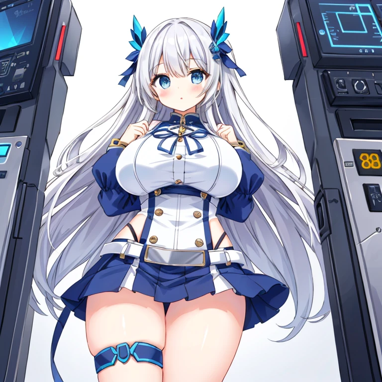A Cute Girl, who is testing a machine that makes her Breasts and Thighs Unreasonably Large, however it works too well, and her Thighs have Significantly Overinflated to Uncomfortably Huge extremes.