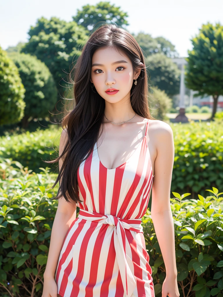 A portrait of a woman with long dark hair, wearing a red floral print crop top and a patterned skirt, standing against a blurred natural background and looking directly at the camera with an intense gaze. The image has a warm, romantic tone with the woman's striking features and stylish outfit.