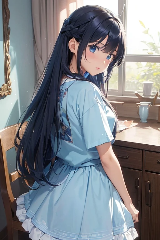 ((highest quality)、((masterpiece))、Cinematic lighting、Detailed costume、白いTshirtとLight blue skirtを着た長い髪のアニメキャラクター、((look back))、1 girl、solo、Long Hair、Age 25、 Viewer's Eyes、Black Hair、Grey Eyes、Light blue skirt、shirt、白いTshirt、Outdoor、White background、Short sleeve、bangs、shirtをたくし込んだ、