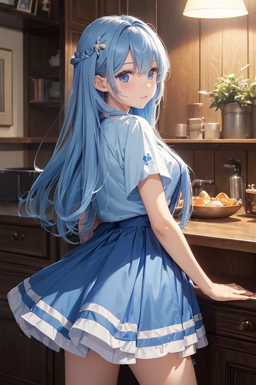 ((highest quality)、((masterpiece))、Cinematic lighting、Detailed costume、白いTshirtとLight blue skirtを着た長い髪のアニメキャラクター、((look back))、1 girl、solo、Long Hair、Age 25、 Viewer's Eyes、Black Hair、Grey Eyes、Light blue skirt、shirt、白いTshirt、Outdoor、White background、Short sleeve、bangs、shirtをたくし込んだ、
