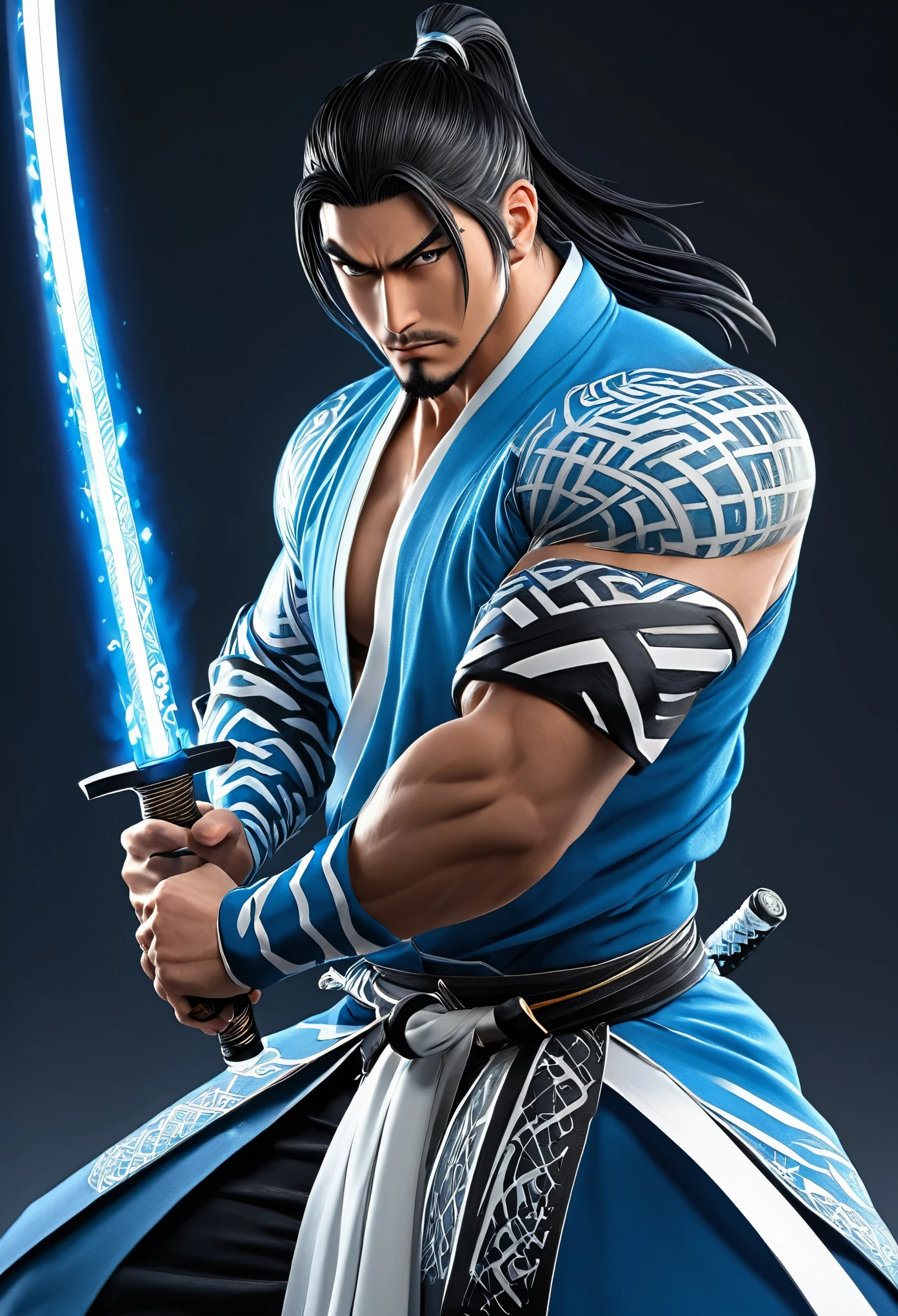 personagem de anime masculino musculoso, olhos azuis, cabelos brancos, brinco preto, casaco branco, todo tatuado,personagem segurando UMA katana magica branca que tem fogo azul junto com raio em volta da katana e do personagem