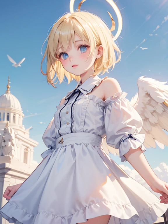 masterpiece, highest quality, Very detailed, 16k, Ultra-high resolution, Cowboy Shot, One -yeld gi Detailed face, Perfect Fingers, Angel halo on head, Golden Eyes, Blonde, short hair, Thin and light clothing, Angel wings growing on the back, Above the Clouds, temple, Flying on angel wings