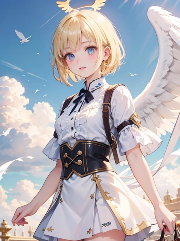 masterpiece, highest quality, Very detailed, 16k, Ultra-high resolution, Cowboy Shot, One -yeld gi Detailed face, Perfect Fingers, Angel halo on head, Golden Eyes, Blonde, short hair, Thin and light clothing, Angel wings growing on the back, Above the Clouds, temple, Flying on angel wings