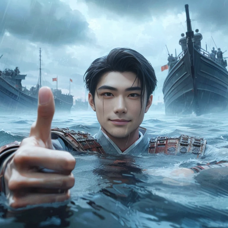 (Best Quality:1.2), (high resolution:1.2), (beautiful face and eye:1.5), (sharpest focus:1.2), (Ultra-realistic Photo:1.2), (Ultra-precise Photo:1.2), (Depth of field:1.2), (8k high resolution:1.2). (perfect anatomy:1.2),
(nice hands:1.5), (perfect hands:1.5), (One drowning Chinese man:1.2), (Very young and beautiful Chinese man:1.0), (Smiling thumbs up in a state of resignation:1.2), (Looking up angle:1.2),
(Chinese warrior in very light clothing, beaten up:1.0), (Majestic Chinese river:1.0), (Cynical smile:1.0), (Giant battleship:1.0), (Mars shining reddish-red in the night sky:1.2),
