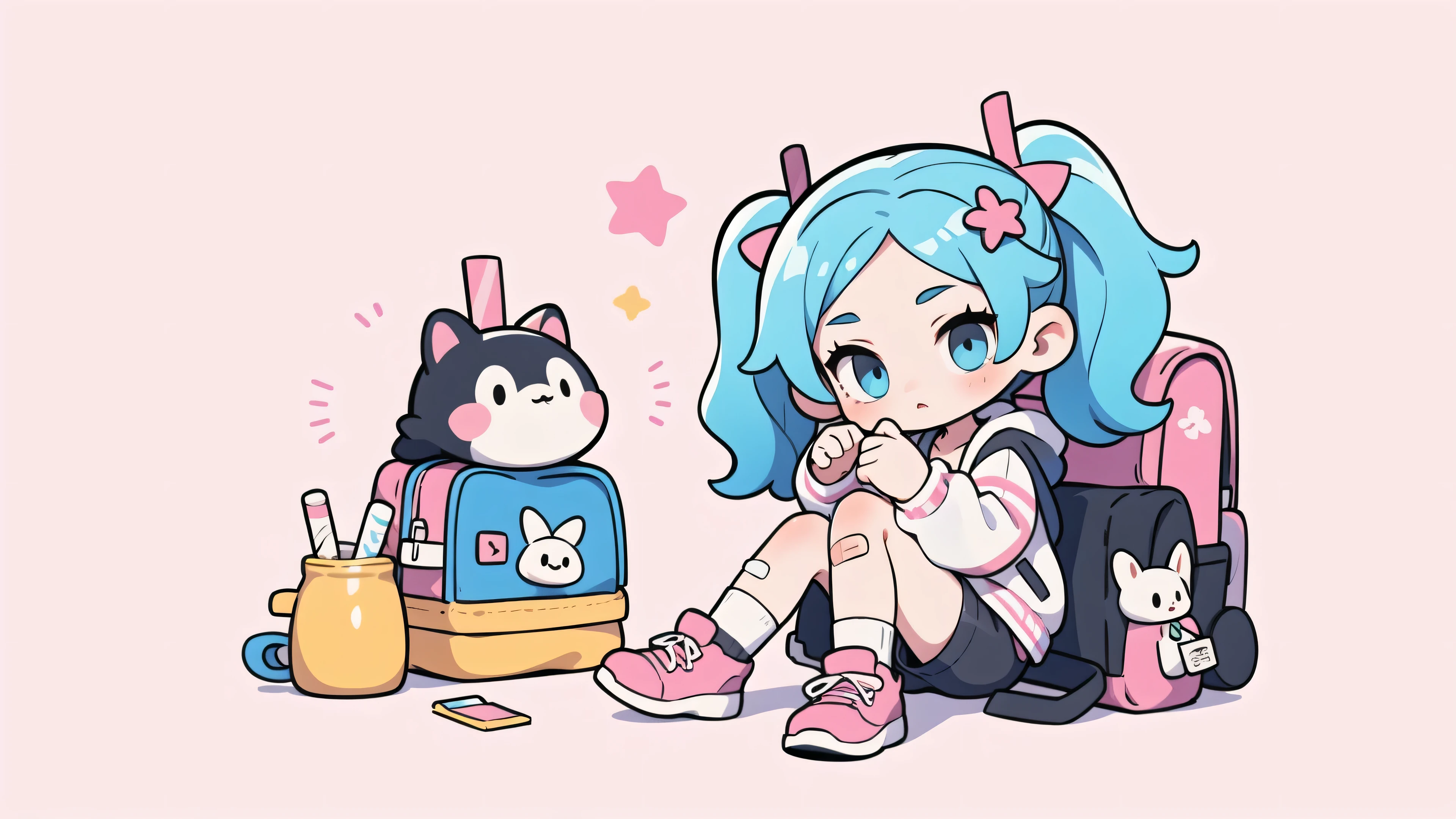 masterpiece, best quality, 8k, cinematic light, ultra high res, chibi, 1girl, bag, backpack, solo, multicolored hair, shorts, star \, (symbol\), blue hair, hood, sitting, pink hair, star hair ornament, head rest, socks, pink footwear, black shorts, hair ornament, full body, boots, bandaid, gradient, twintails, jacket,