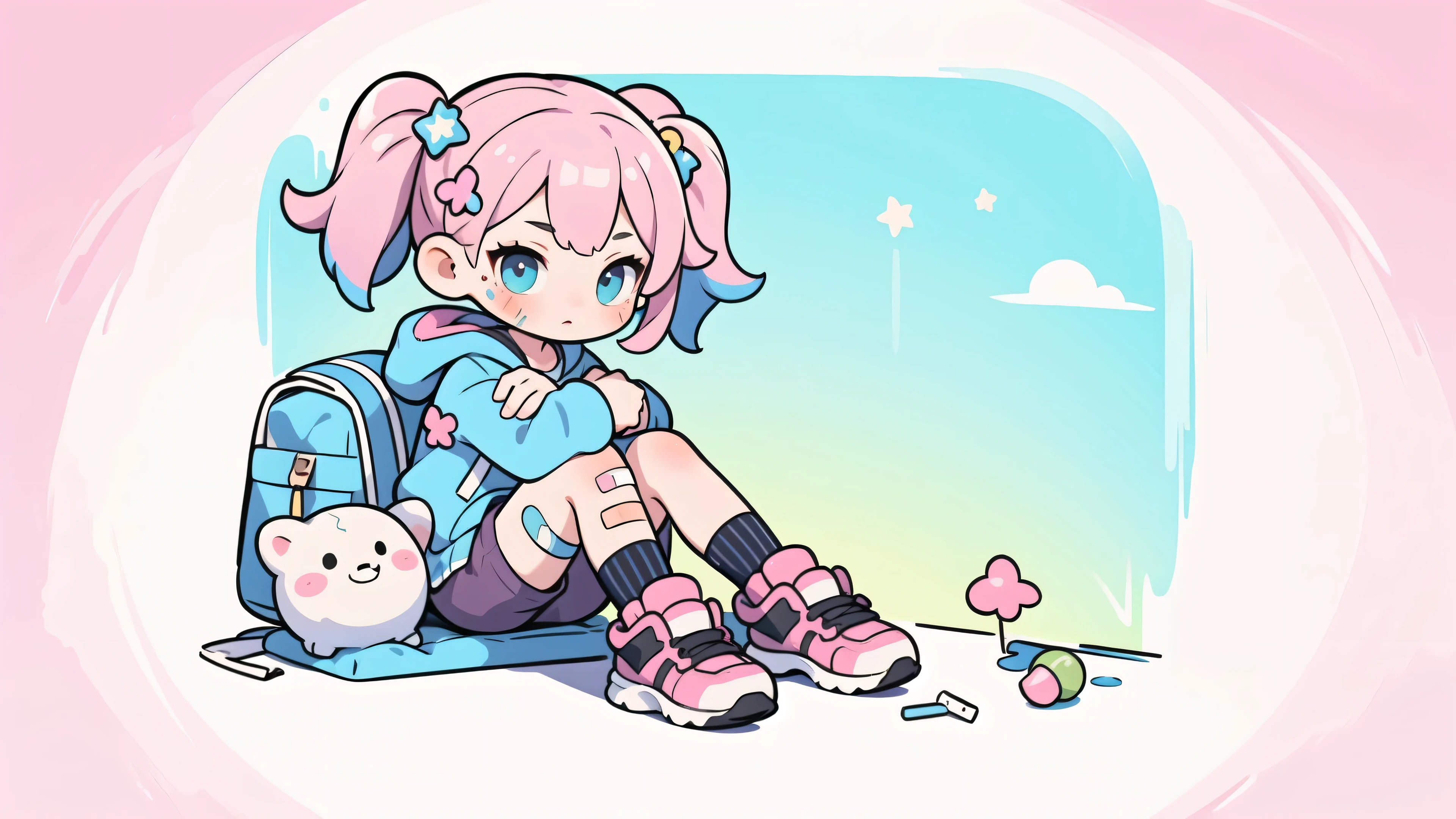 masterpiece, best quality, 8k, cinematic light, ultra high res, chibi, 1girl, bag, backpack, solo, multicolored hair, shorts, star \, (symbol\), blue hair, hood, sitting, pink hair, star hair ornament, head rest, socks, pink footwear, black shorts, hair ornament, full body, boots, bandaid, gradient, twintails, jacket, 