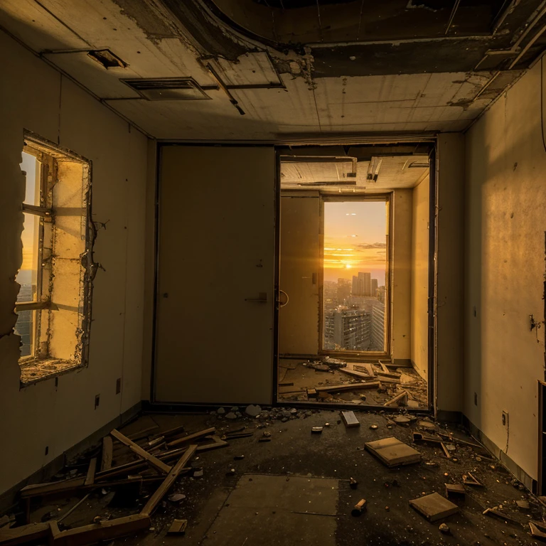 First-person view of the 16th floor of an abandoned building, It is possible to see the sunset and the yellowish light enters the building through a giant hole in the wall.