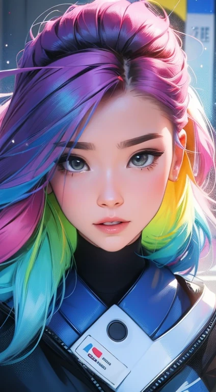 Effect of Electricity Particles, Super pouvoir, Une belle fille avec, HD Portrait, (High quality) (ultra details) Regarder le spectateur en tenue de ville de style hip-hop; different, colourfull, cheveux de plusieurs couleurs 🌈