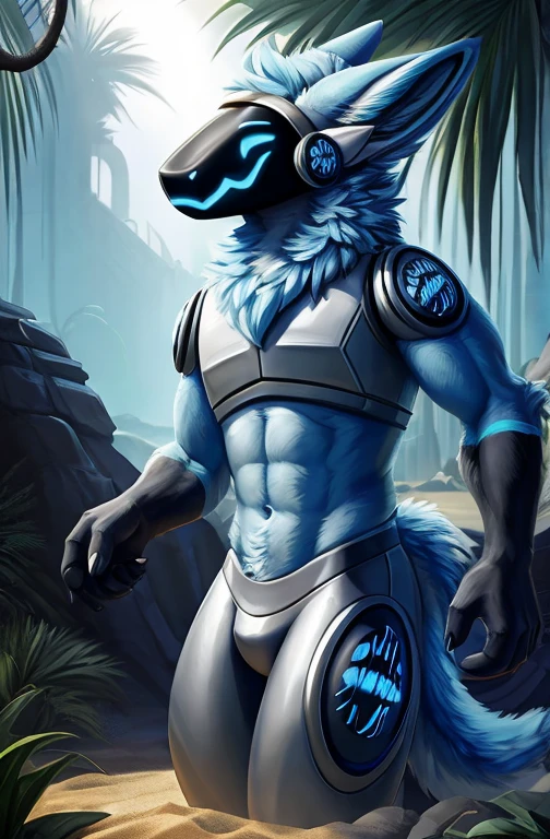 , (((Light blue fur protogen))) , big chest, day, sexy, sensual, detailed, uploaded to e621, beautiful and detailed portrait of an anthropomorphic Light blue fur protogen, (((male))) uploaded to e621, zaush, foxovh, movie lighting, , thicc, alone, muscles, muscular build, in a abandoned jungle temple in a empty forest outside temple in background, movie cover, movies poster, outdoors in a desert looking for water but can't find any, looking around for water in a desert, lots of sand