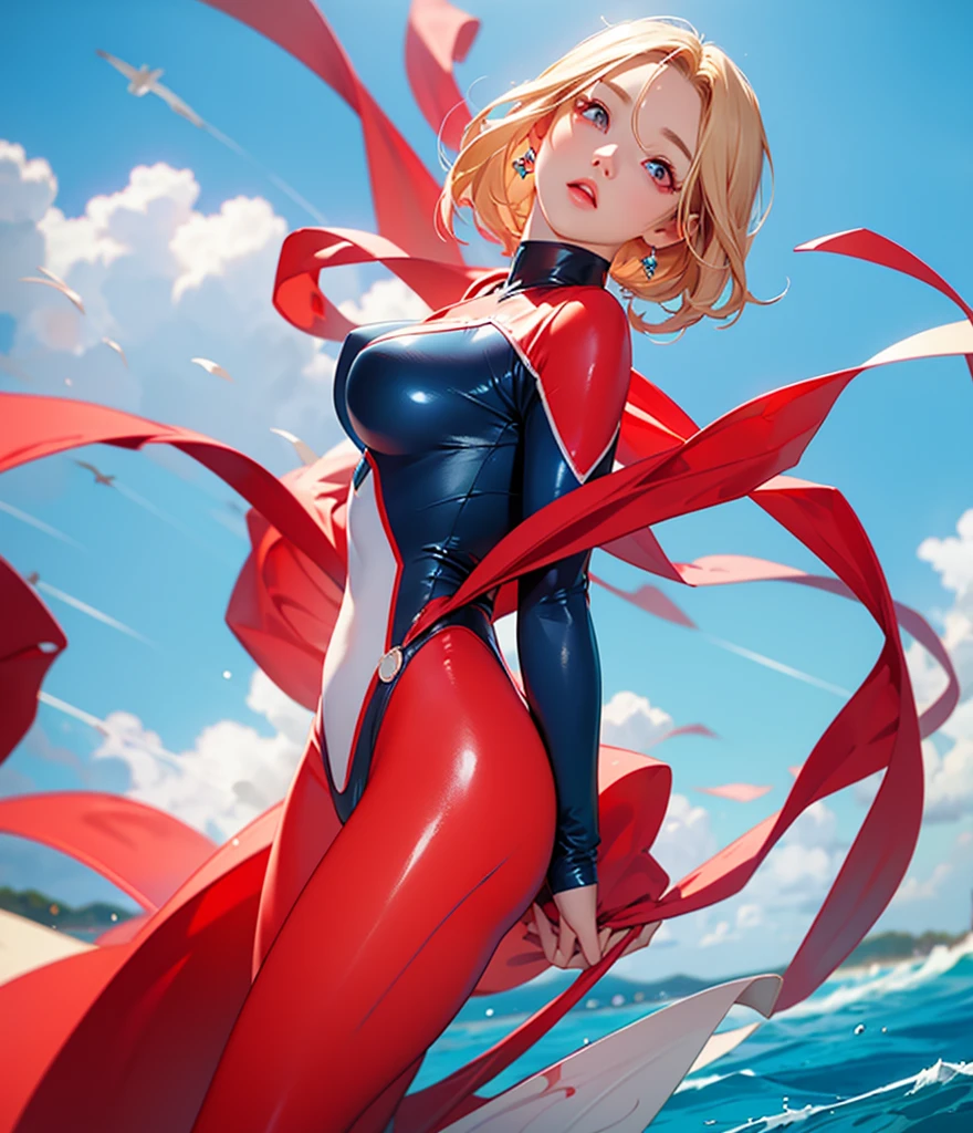 highest quality、Realistic、woman、Japanese、zoom、cute、Red glowing eyes、Blonde、short hair、Blue Hero Suit、Shiny bodysuit、Ocean、swim