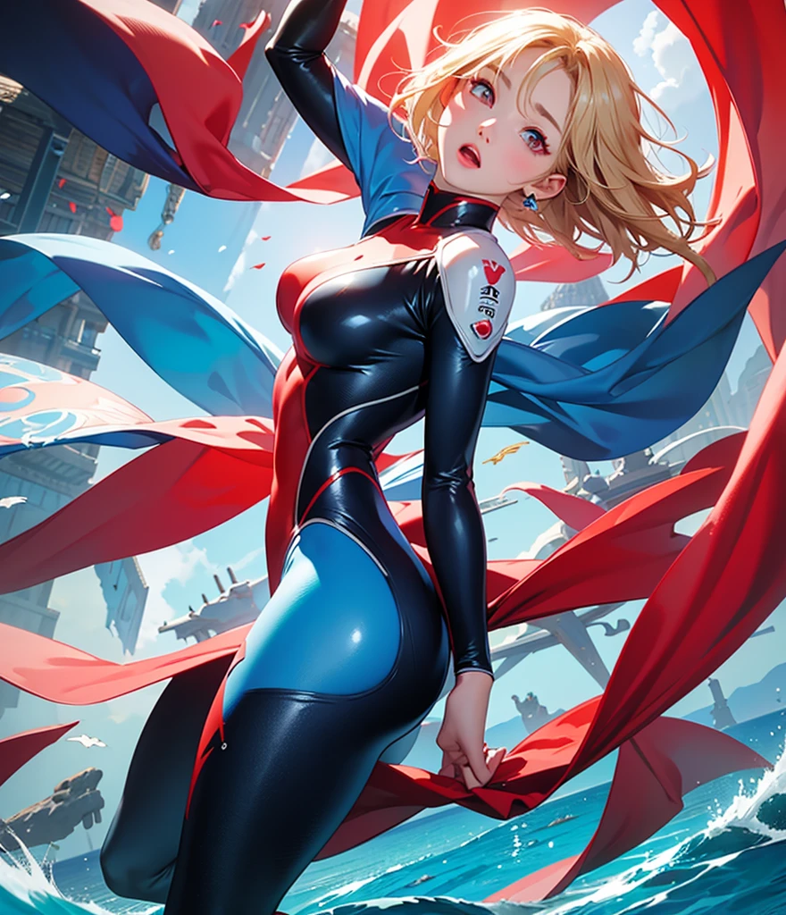 highest quality、Realistic、woman、Japanese、zoom、cute、Red glowing eyes、Blonde、short hair、Blue Hero Suit、Shiny bodysuit、Ocean、swim