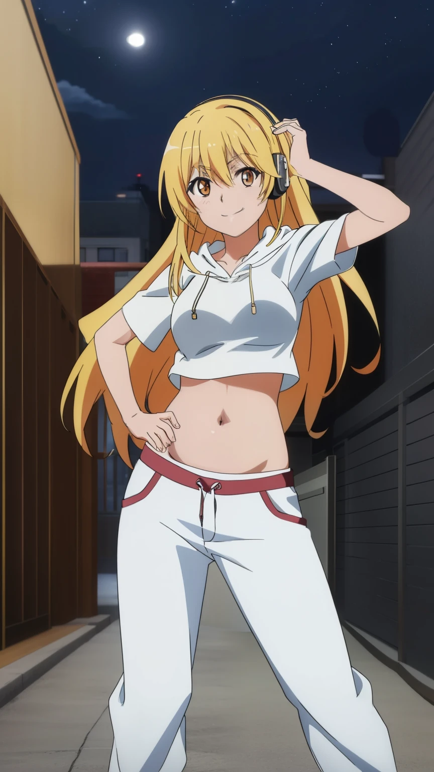 (highest quality, High resolution, 8k, masterpiece: 1.2), Very detailed, Anime art style, Misaki Shokuhou, Beautiful character design, Perfect eyes, Perfect face, Expressive eyes, Perfect balance, smile, blonde, Long Hair, Large midchest, (hip hop dancer style,Headphones on neck,pants,Hooded sweatshirt,colorful shirt,belly button,city,night), looking at the camera, Dynamic pose, Dynamic Angle, The gaze camera focuses on the center of the image,