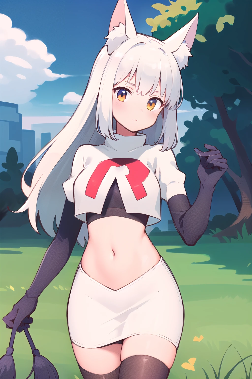 (masterpiece, best quality, highly detailed), 1girl, cowboy shot, lico, outside, trees, grass, sun, clouds, sky, team rocket,team rocket uniform,white skirt,red letter R,crop top,black thigh-highs,black elbow gloves , blush, fox ears, fox tail