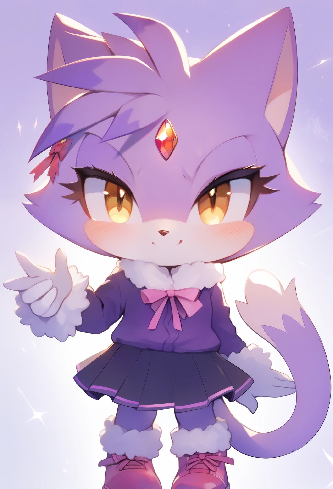 score_9, score_8_up, score_7_up,  masterpiece, high quality, outline of the edges, soft colors, blaze the cat, cat ears, topknot, hairpin, yellow eyes, cat nose, forehead gemstone, chibi, violet outfit, skirt, white and pink boots, fur-trimmed white gloves, flames on background