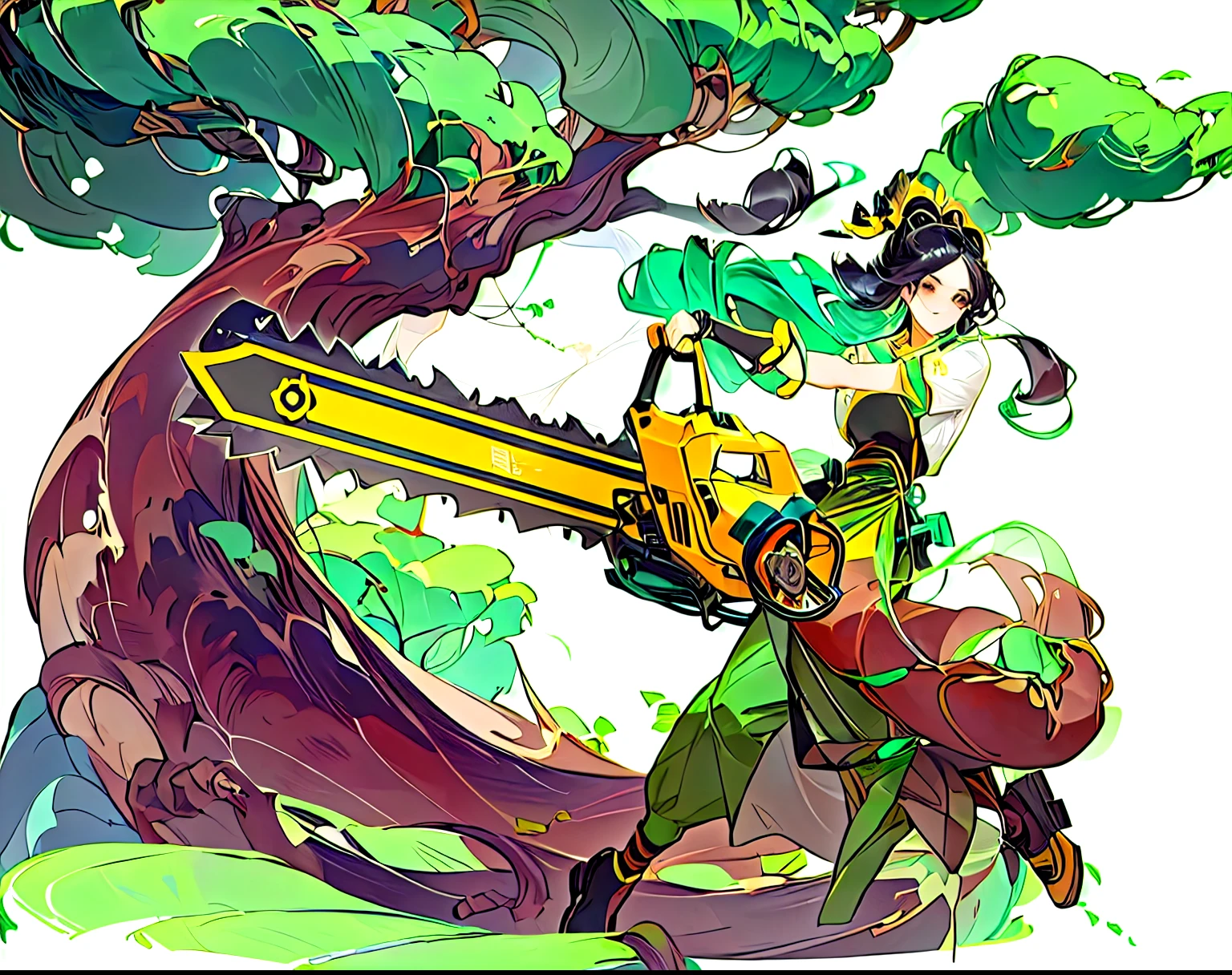 anime girl with a Electric saw in her hand and a backpack, Kushat Krenz Key Art Male, Kushat Kents, Forest hunter men, Electric saw, Electric saw sword, 2D Concept Art, Role Playing Illustrations, 角色扮演游戏Character art, rpg game art, Character art, Full color illustrations, 官方Character art, Krenz Kushat and Artgerm, j角色扮演游戏Character art,Lean back,Lumberjack