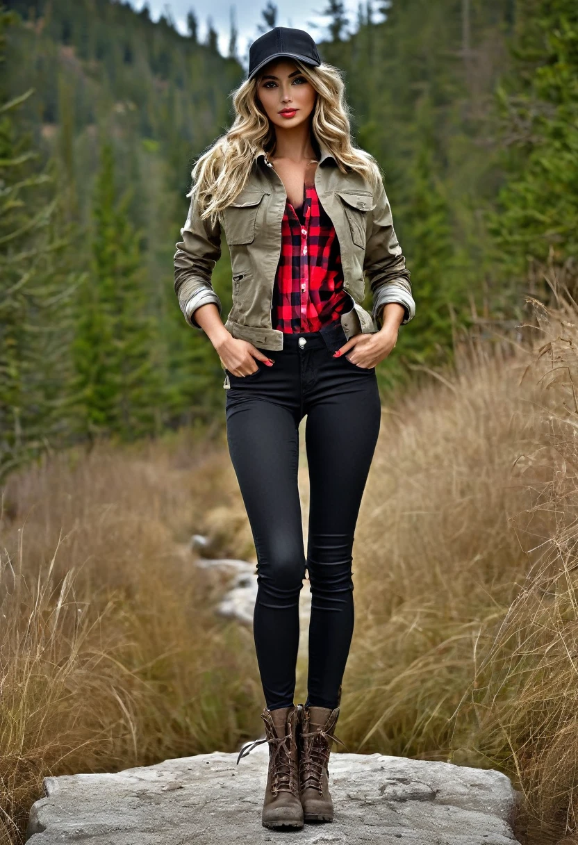 (Slim sexy body girl, long legs, tanned skin), (open khaki military long sleeves jacket), (washed-out black high-rise long tight jeggings:1.5), (tight red checkered shirt with cleavage), (hiking boots), (baseball cap), (leather gloves). photorealist. (legs spread wide showing crotch) (Sunny day) (dirty pants) (post-apo landscape).