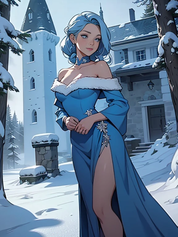 Beautiful girl wearing a blue off shoulder fishtail gown in snow castle in Norwegian forest