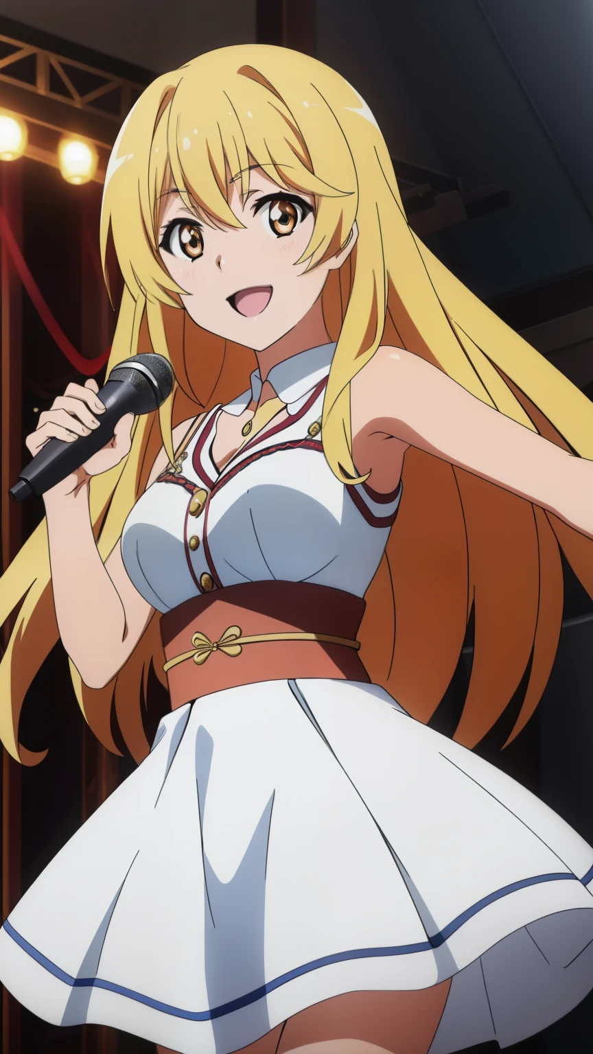 (highest quality, High resolution, 8k, masterpiece: 1.2), Very detailed, Anime art style, Misaki Shokuhou, Beautiful character design, Perfect eyes, Perfect face, Expressive eyes, Perfect balance, smile, blonde, Long Hair, Large midchest, (Idol Costumes, Idol Dress, Idol Stage, microphone, sing, Open your mouth), looking at the camera, Dynamic pose, Dynamic Angle, The gaze camera focuses on the center of the image,