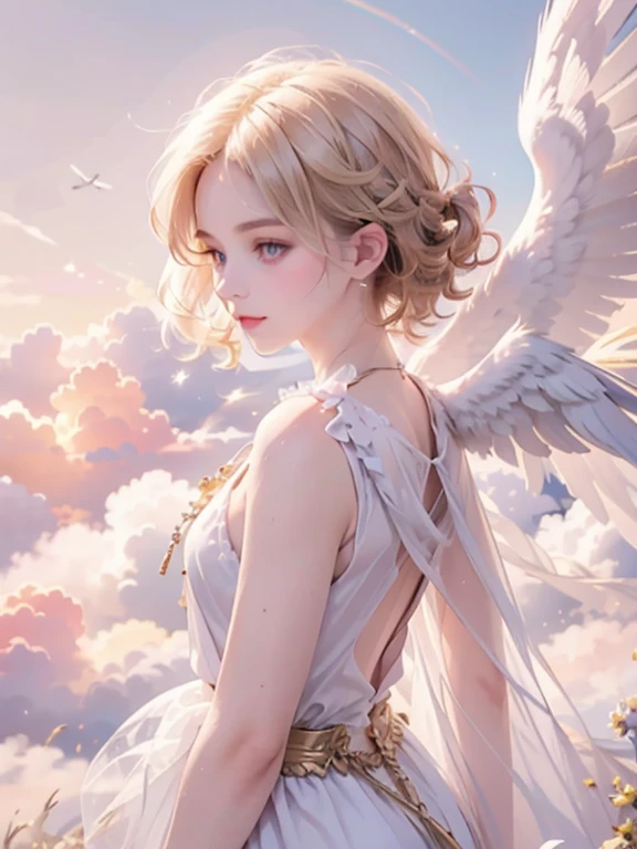 masterpiece, highest quality, Very detailed, 16k, Ultra-high resolution, Cowboy Shot, One ****************, Detailed face, Perfect Fingers, Angel halo on head, Golden Eyes, Blonde, short hair, Thin and light clothing, Angel wings growing on the back, Above the Clouds, temple, Fantastic landscape, Flying on angel wings