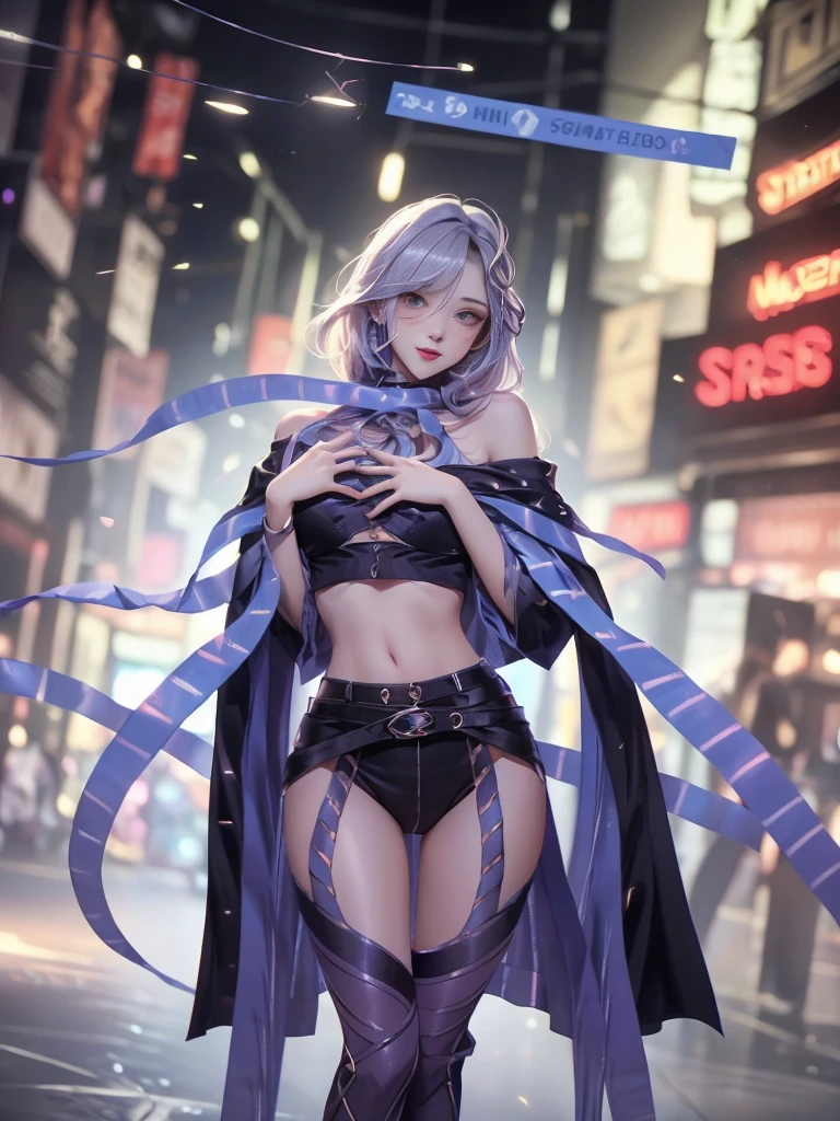 (Surreal Realism), (Awareness-raising), (High resolution), (8k), (Very detailed), (Best illustrations), (Beautiful and detailed eyes), (highest quality), (Super detailed), (masterpiece), (wallpaper), (Detailed face), alone, One Girl, View your viewers, Fine details, Detailed face, Dark Night, Dark shading, Low Tone, Pure Erotic Face Ace_v1, Laughter, Blue shawl ,Straight hair, 46 point diagonal bangs, (Silk clothing, Short length clothes, strip), (strip:1.5), (Straight Ribbon:1.5), (Cropped shoulders), Night city view,Light pastel coloured outfit,Nipples,Striped pattern,Small breasts,almost flat chest,Very small hips,Very small waist,Very thin legs,Very thin thighs,Morning Glow,Get noticed,