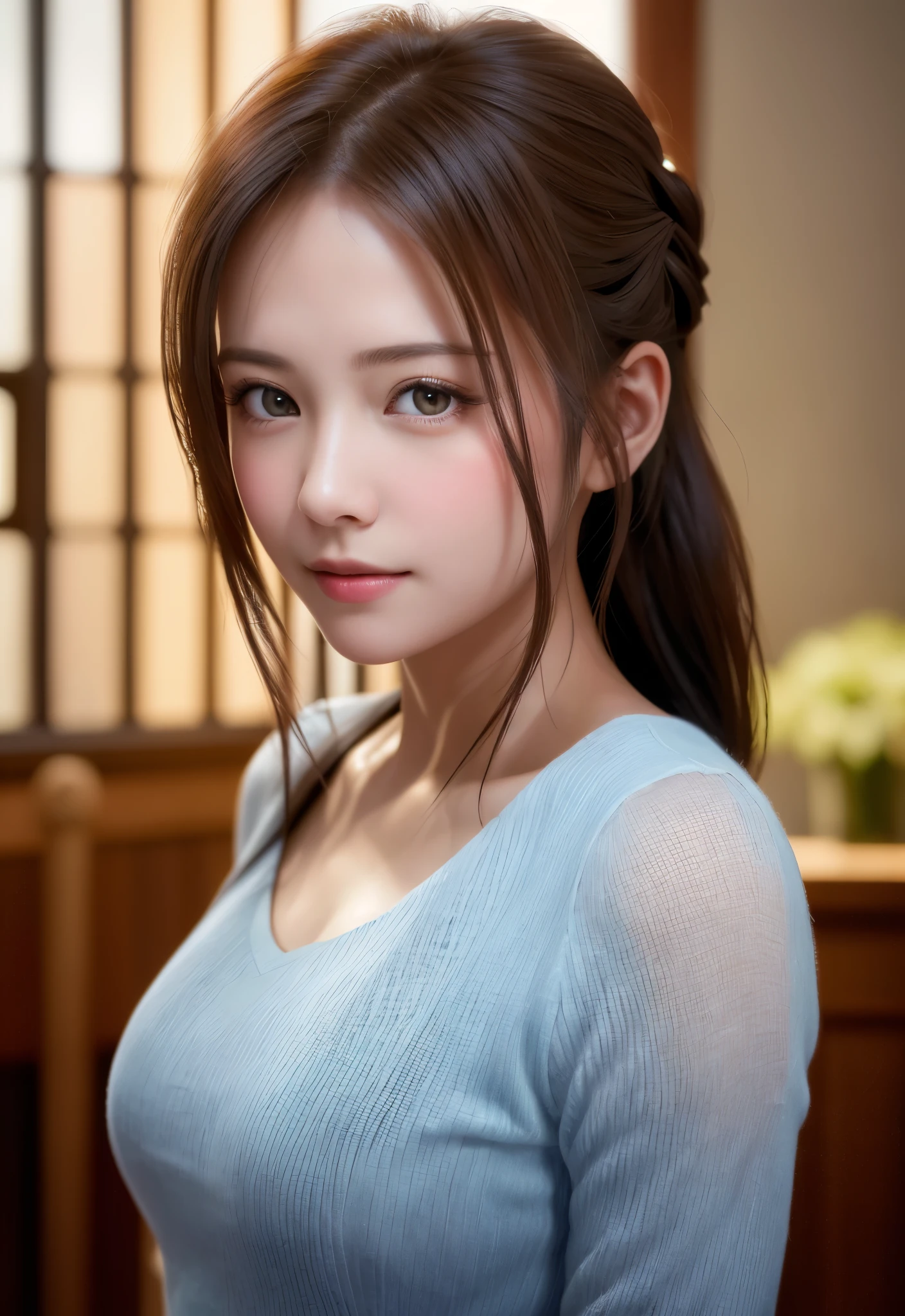 8K, of the highest quality, masutepiece:1.2), (Realistic, Photorealsitic:1.37), of the highest quality, masutepiece, Beautiful young woman, Pensive expression,、A charming、And a gentle look, cute young lady, Newlywed life、Welcome、Happy expression、Hair tied back, Cinematic background, Light skin tone
