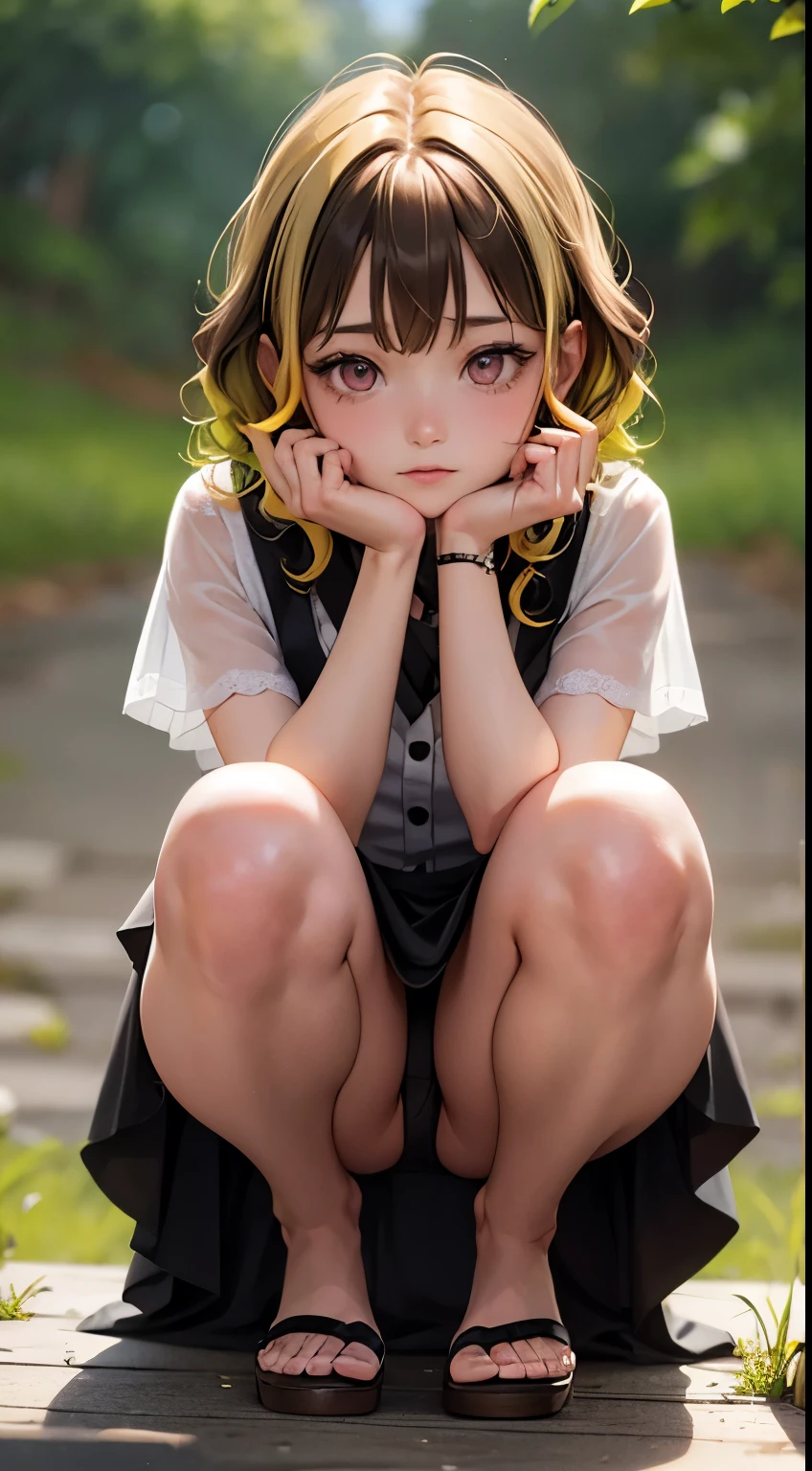 One woman, alone, alone Focus,全身Full Shot,Portraiture,, Beaver,Half water color, Half Green, ((Brown Hair)), (Yellow Hair), (Gradient Hair :1.5), Curly Hair, ((Pink Eyes)), Ultra-detailed eyes, work, White see-through, (Small TI quality, Very detailed,Full Shot,Stand upright in sandals,squat,Spread your legs,