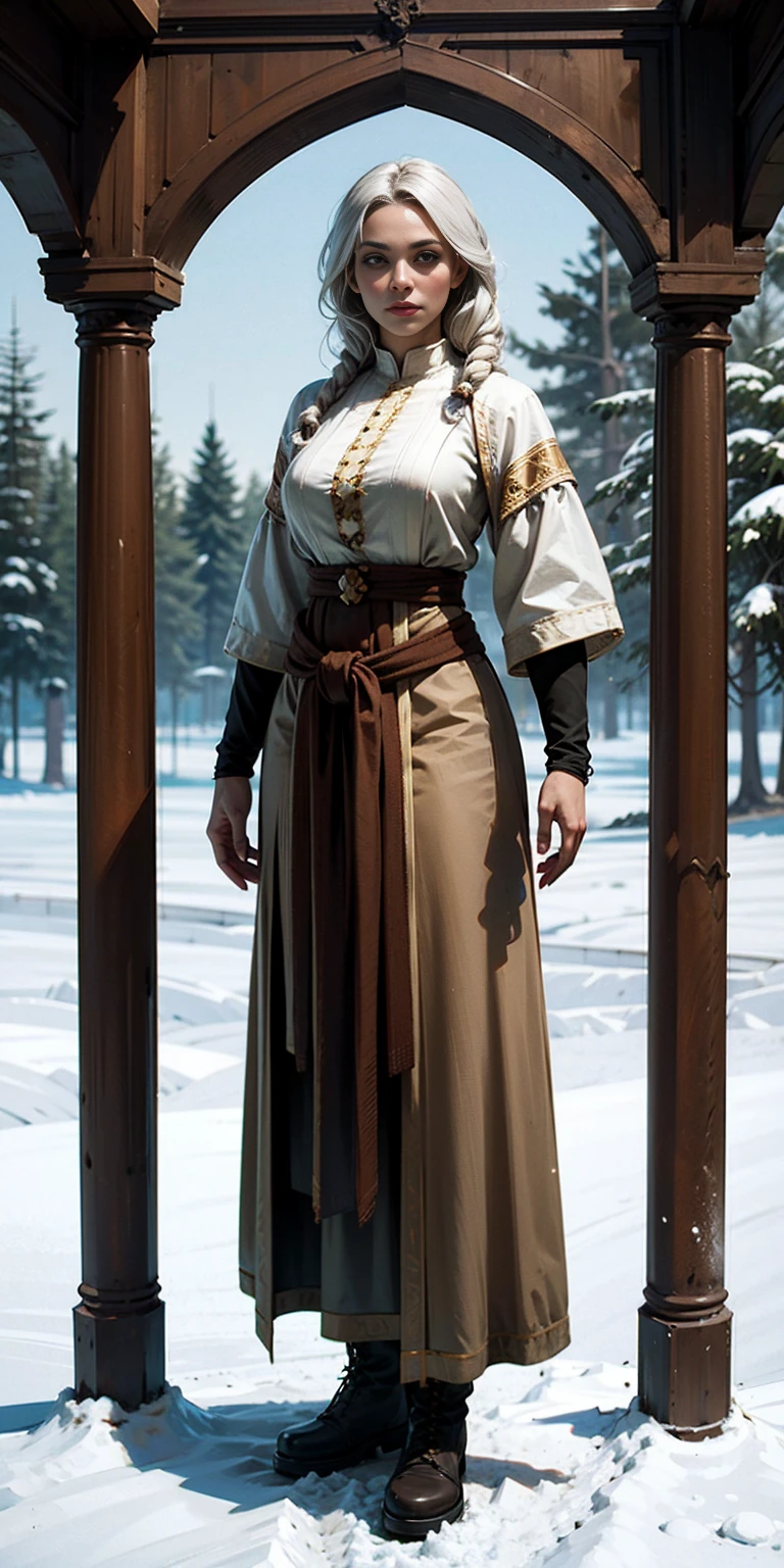 full body standing straight symmetrical, FEMALE warrior princess, big belt around waist, hair, very white skin like snow, wearing full HERBALIST CLOTHES, brown leather boots, HERBALIST outfit, MILF bimbo