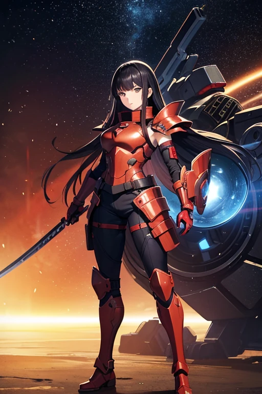 Anime Art,Full body portrait、Space SF Armored Warrior、A female samurai wearing red armor, about 170cm tall, about 36 years old, arms folded、Calm expression、Long black hair、gloves、Arm guard、Leggers