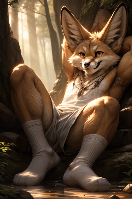 Muscular, sweaty, chubby anthropomorphic fennec fox sitting on the floor, cross-legged, with one leg up, showing a detailed close-up of the foot in a wet white sport sock in the foreground. The fennec fox has its arms raised, smiling, and looking relaxed. The scene focuses on the close-up details: armpits, sweaty wet white socks, wet fur, and drops of sweat. The setting is photorealistic, emphasizing masculinity and wilderness. The lighting is semi-darkness with soft light, highlighting the detailed fur and the texture of the sweat. The background and environment convey a sense of natural ruggedness, enhancing the overall mood of raw strength and relaxation.