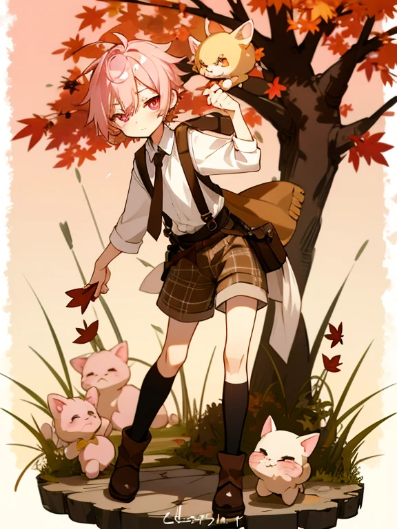 Tabletop, Perfect Face, highest quality, highest quality, Great designers for boys, Whole Body Ezbian,8k resolution, Ultra-high quality output,dream-like、soft、High quality shota boy ((short hair, Light Hair, Pink Eyes, Light pigmentation ))autumn服 Plaidのショートパンツ ニット もこもこ 立ち絵 全身 キャラクターデザイン キャラクターシート 動きがある 躍動感 笑顔 かわいい 等身低め 本を持つ ベレー帽 膝丈ズボン(Plaid、Brown、autumn) Face is front、garter belt、Shorts with suspenders