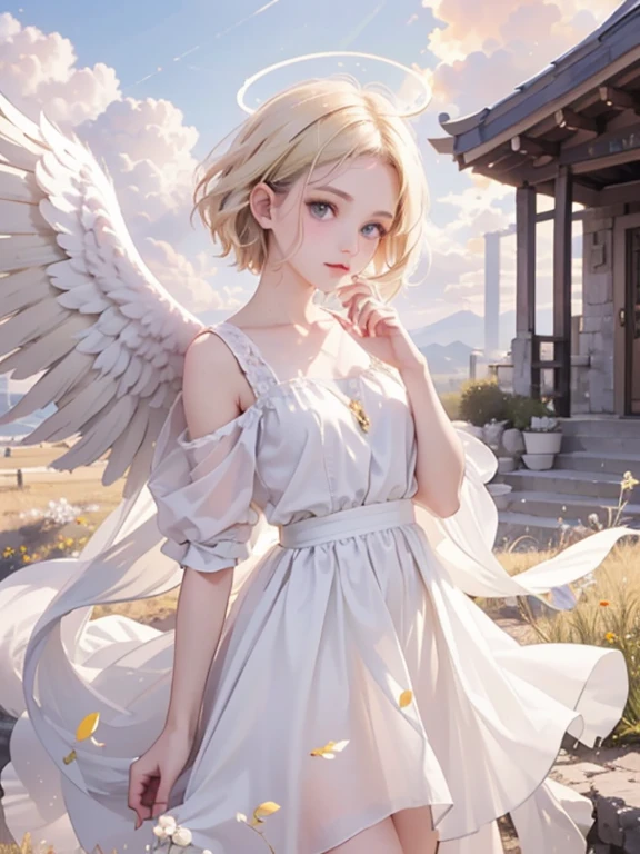 masterpiece, highest quality, Very detailed, 16k, Ultra-high resolution, Cowboy Shot, One 14-year-old girl, Detailed face, Perfect Fingers, Angel halo on head, Golden Eyes, Blonde, short hair, Thin and light clothing, Angel wings growing on the back, Above the Clouds, temple, Fantastic landscape, Flying on angel wings
